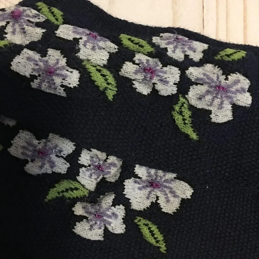Dark Blue Floral Embroidered Fishnet Tights - Girls One Size